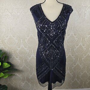 Holly Bracken Size Medium Dark Navy V-neck Cocktail Dress Sheer Overlay Sequins